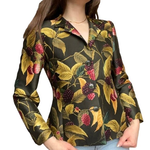Linda Allard Ellen Tracy Green Silk Berry Print Button Up Blazer Size 10 - Picture 1 of 16